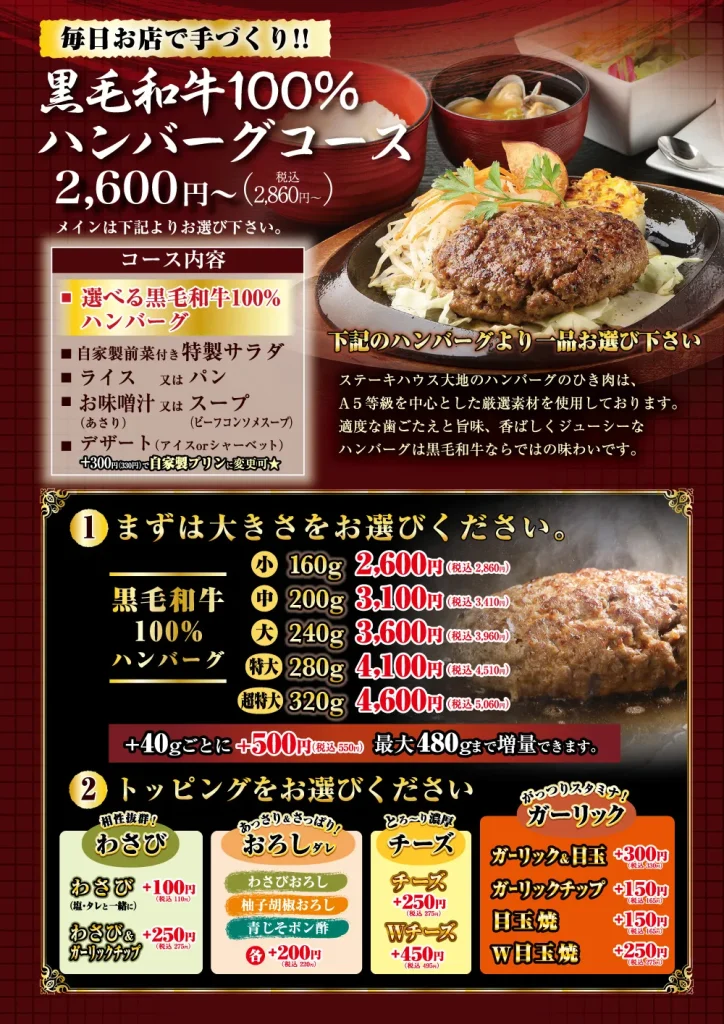 毎日お店で手づくり!! 黒毛和牛100% ハンバーグコース 2,860円〜 メインは下記よりお選び下さい。 選べる黒毛和牛100% ハンバーグ 自家製前菜付き特製サラダ ライス またはパン お味噌汁 又は スープ デザート（アイスorシャーベット） +300円（330円）で自家製プリンに変更可★ 下記のハンバーグより一品お選び下さい ステーキハウス大地のハンバーグのひき肉は、 A５等級を中心とした厳選素材を使用しております。 適度な歯ごたえと旨味、香ばしくジューシーな ハンバーグは黒毛和牛ならではの味わいです。 まずは大きさをお選びください。 小　160g 1320円 中　200g 1870円 大　240g 2420円 特大　280g 2970円 超特大　320g 3520円 トッピングをお選びください 相性抜群!わさび　+110円 わさび&ガーリックチップ +275円 あっさり&さっぱり!おろしダレ 各+220円 チーズ +275円 Wチーズ +495円 がっつりスタミナ!ガーリック ガーリック&目玉 +330円 ガーリックチップ +165円 目玉焼 +165円 W目玉焼 +275円